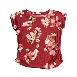 JON & ANNA Red Floral Print Short Sleeve Blouse Size L